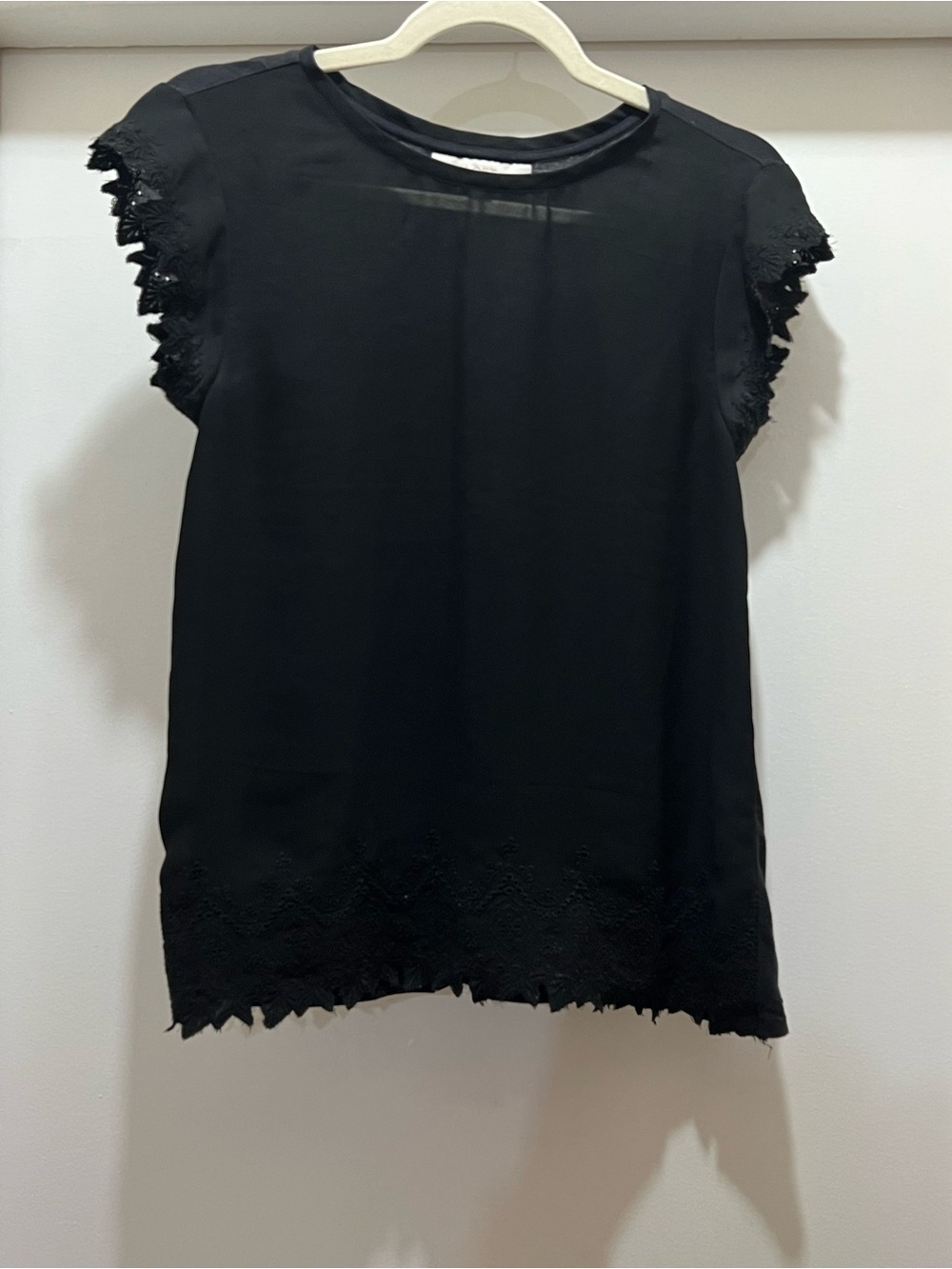 LOFT Black Lace-Trim Short Sleeve Women's Top